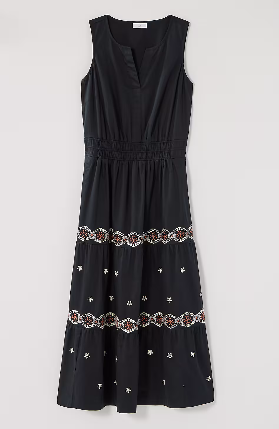 Embroidered Elastic-Waist Midi Dress