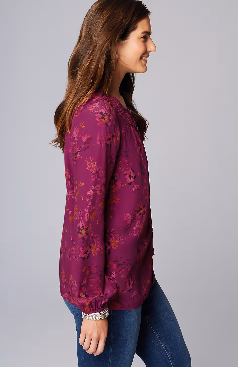 Floral Pleated-Neck Top