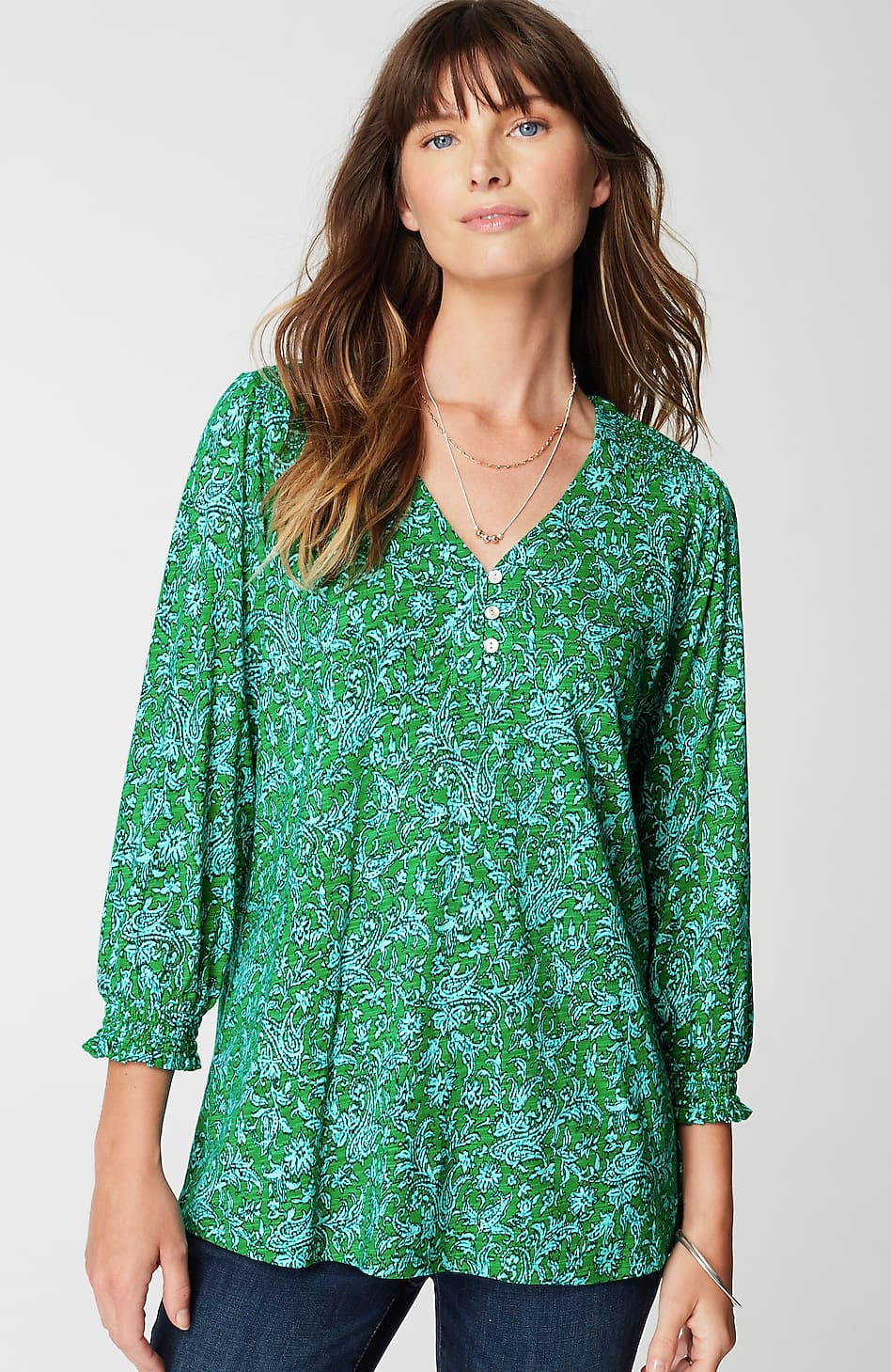 Smocked-Sleeve Henley Top
