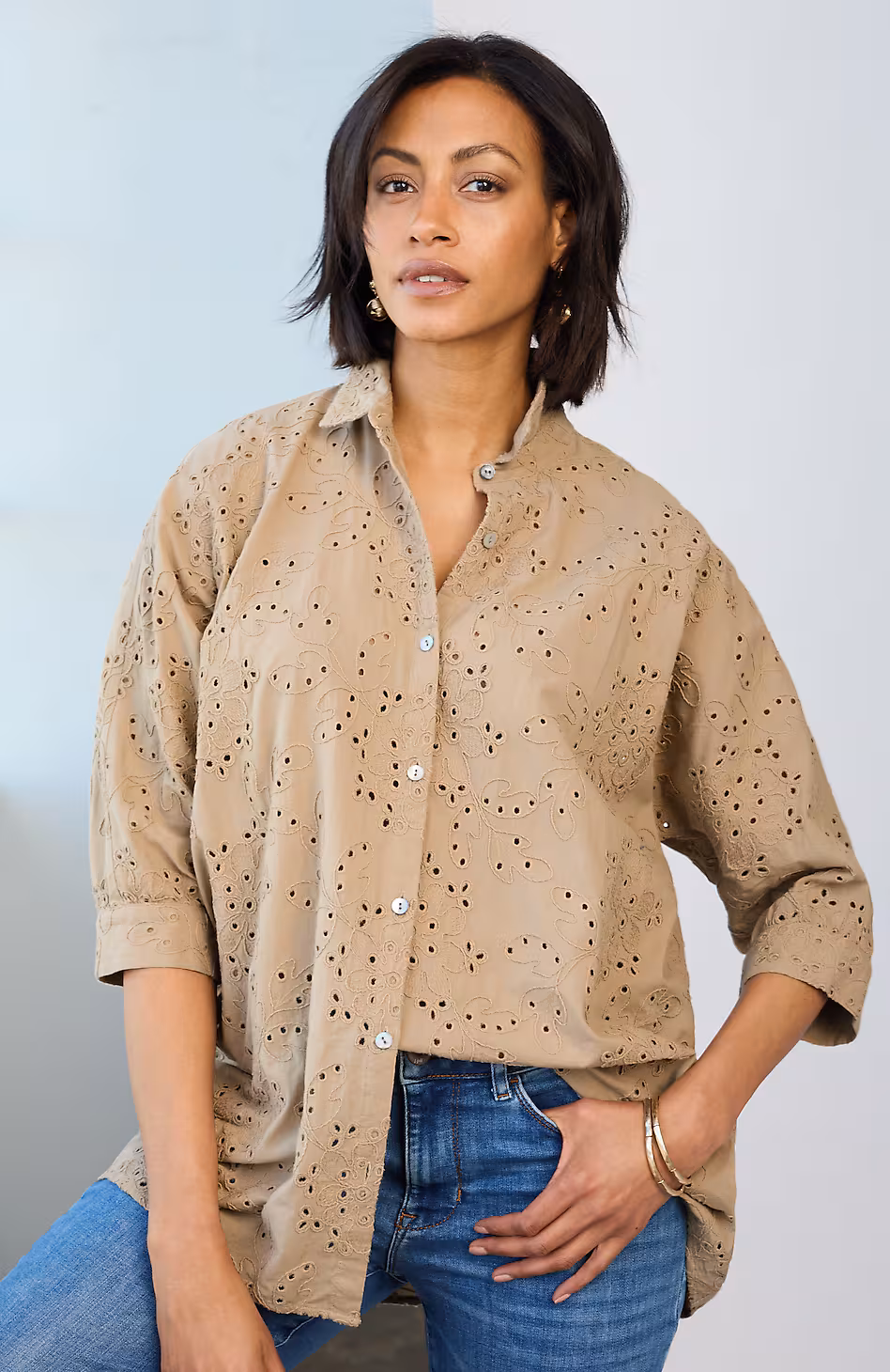 Pure Jill Eyelet Button-Front Shirt