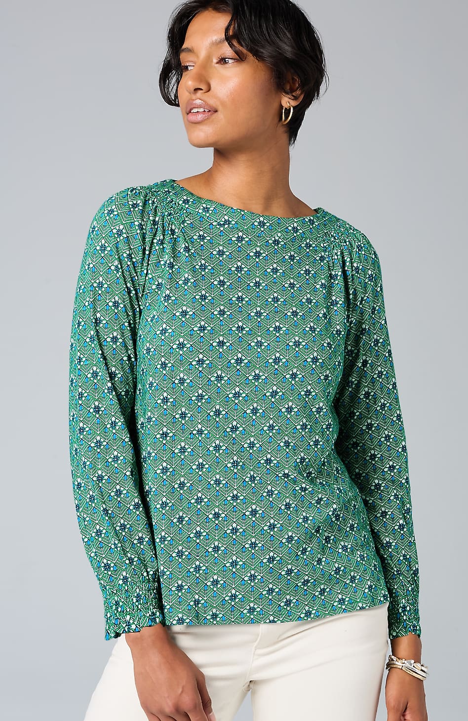 Smocked Geometric Printed Top