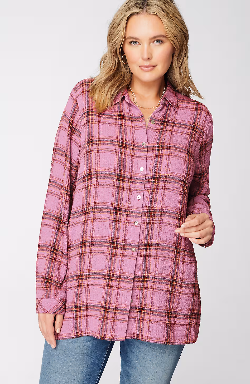 Crinkled Plaid Button-Front Tunic