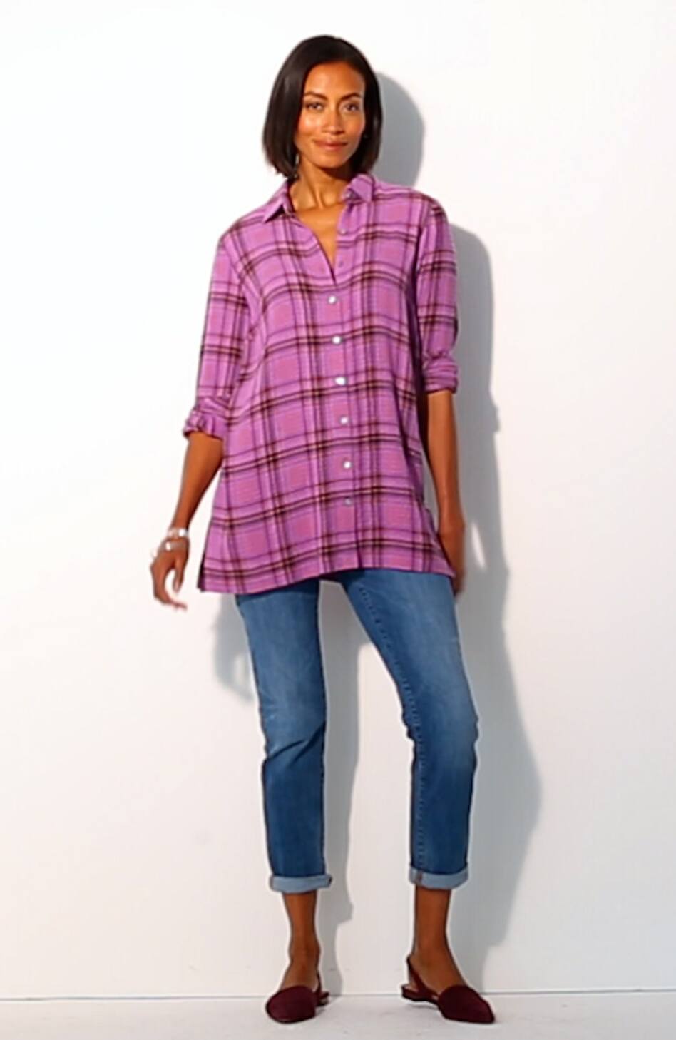 Crinkled Plaid Button-Front Tunic