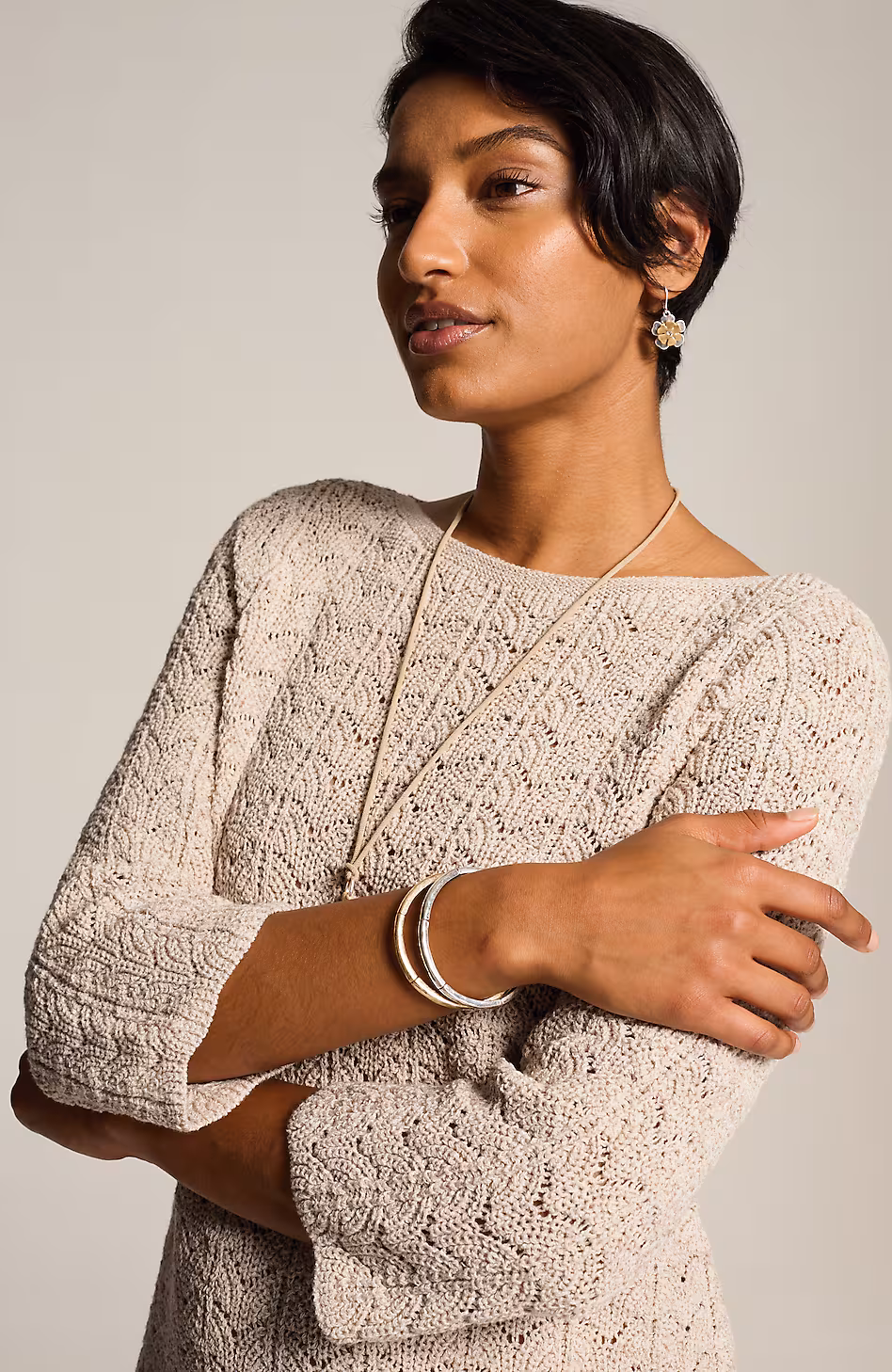 Marled Lace-Knit Sweater