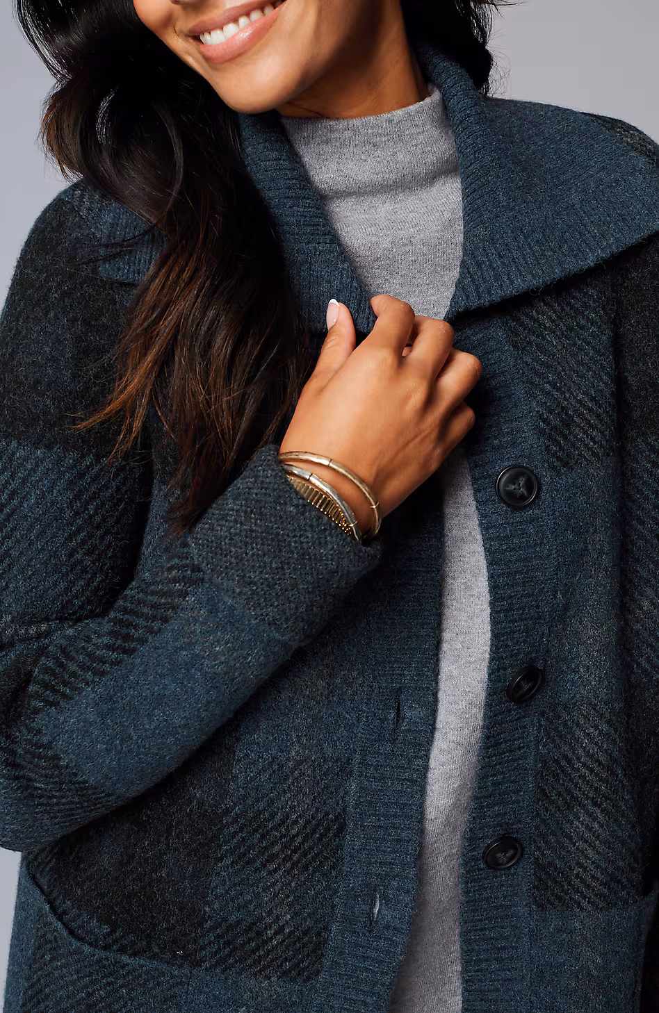 Ribbed-Collar Plaid Sweater-Jacket