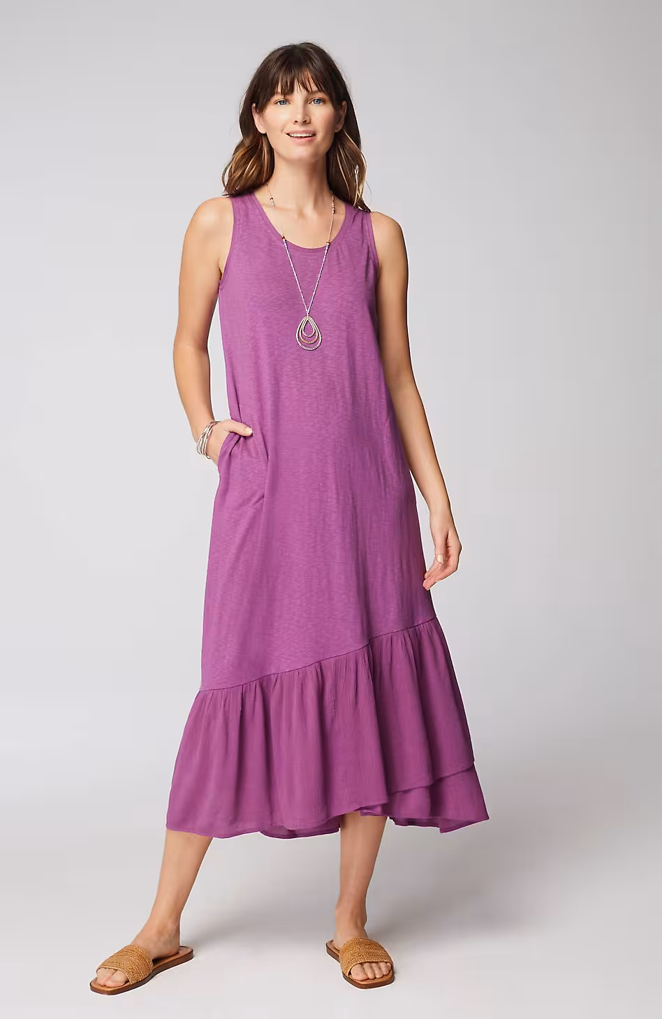 Mixed-Media Flounced-Hem Knit Dress