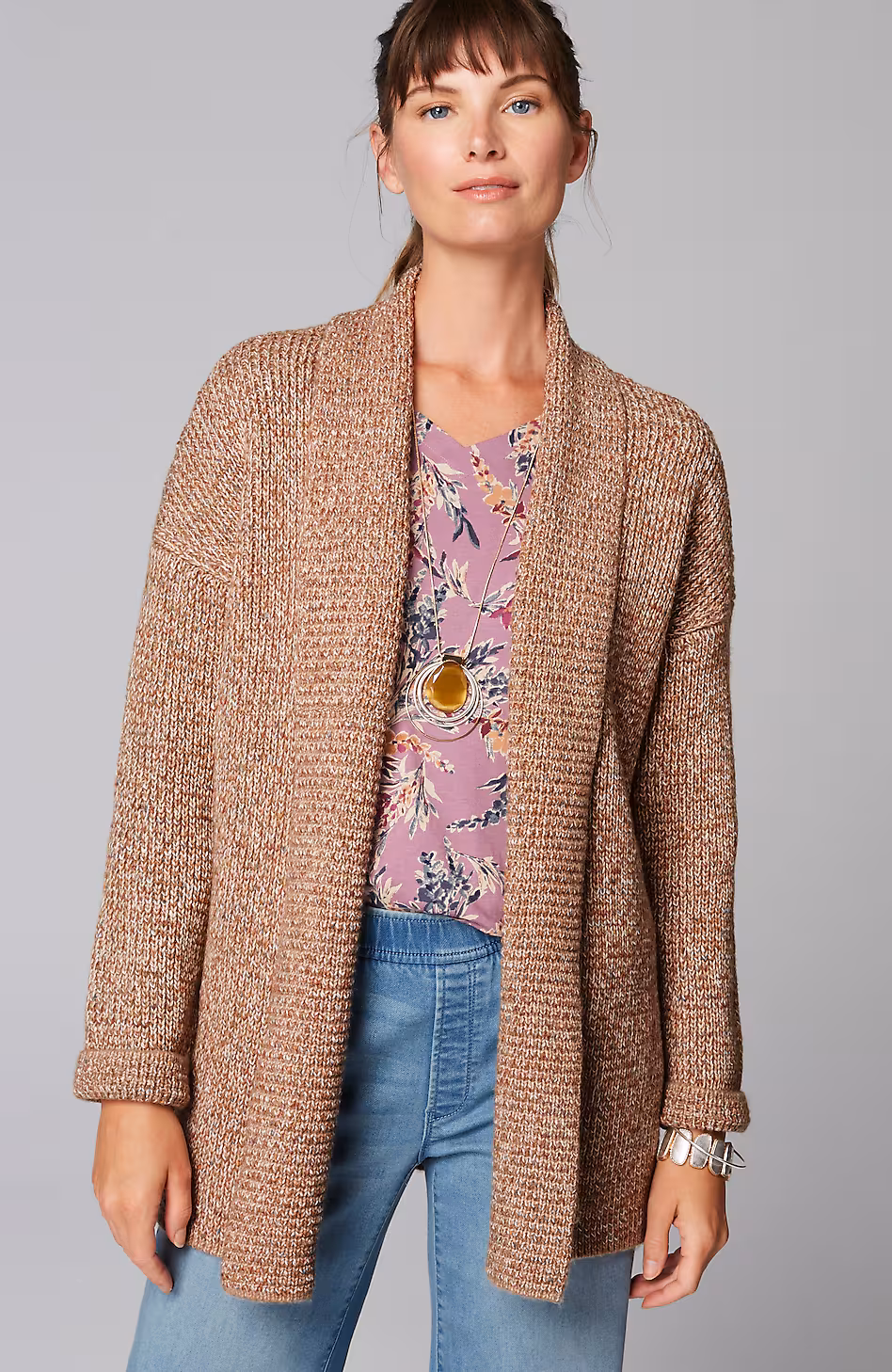 Pure Jill Ribbed-Texture Shawl-Collar Cardi