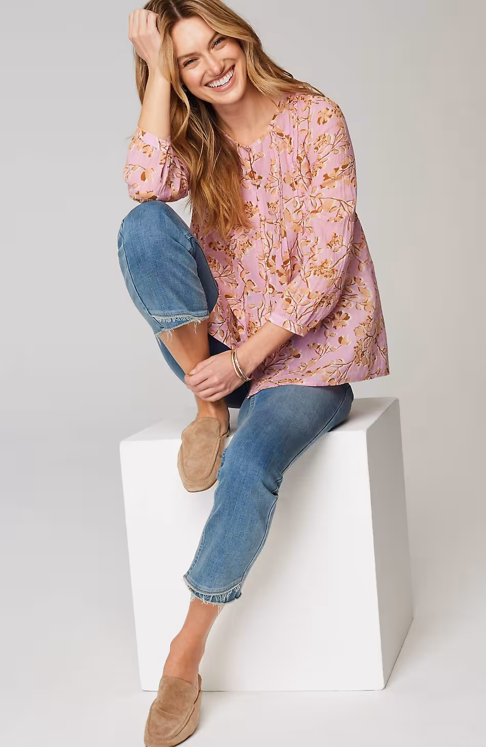 Printed A-Line Pintucked Top