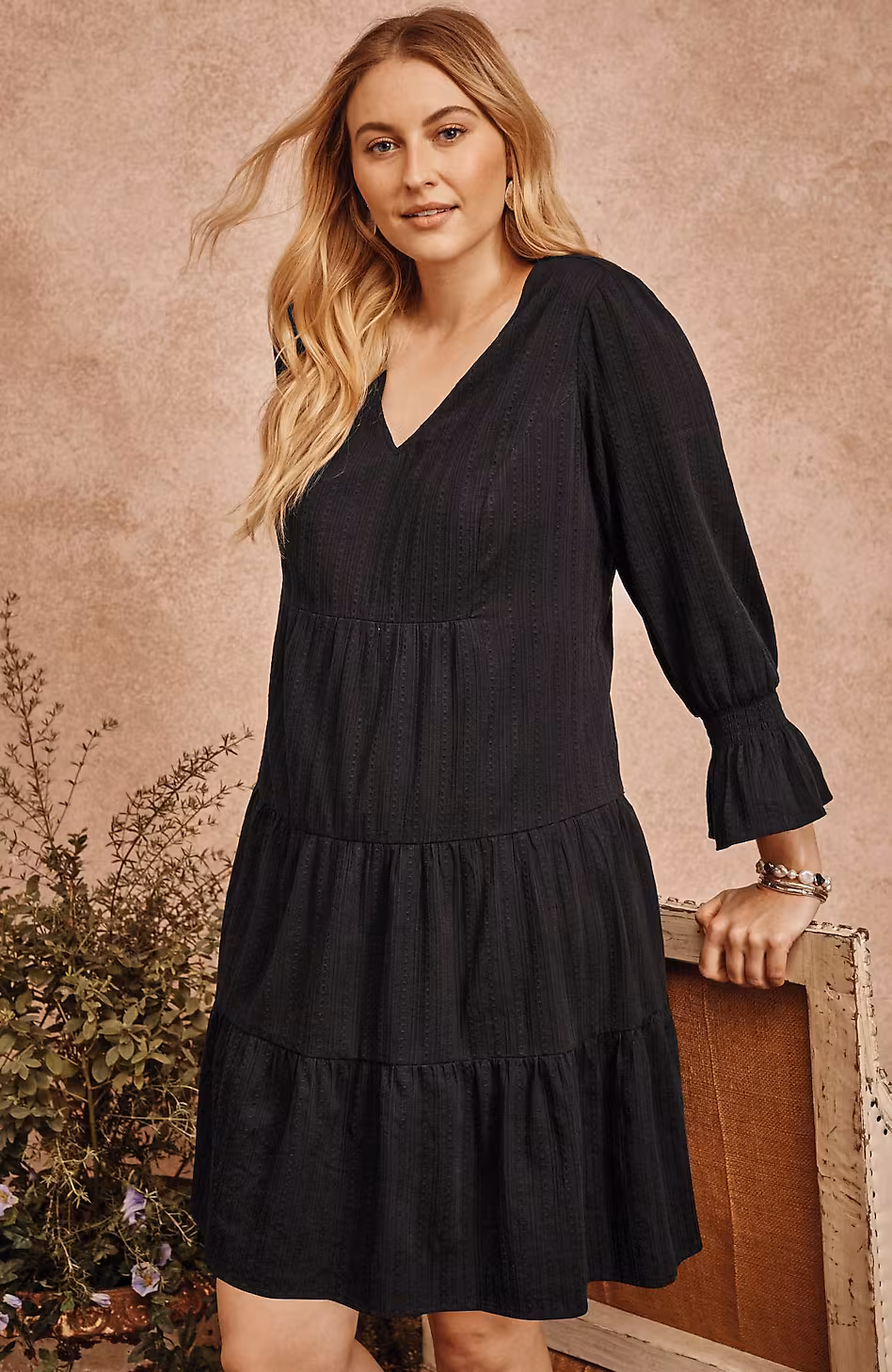 Smocked-Sleeves Tiered Dress