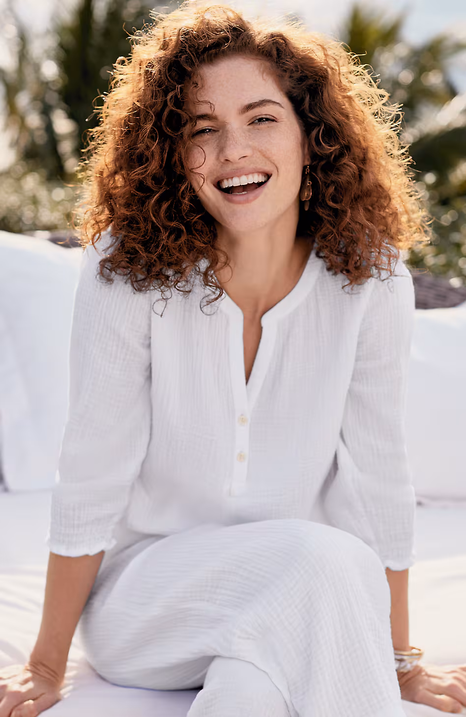 Cotton-Gauze Smocked-Sleeve Top