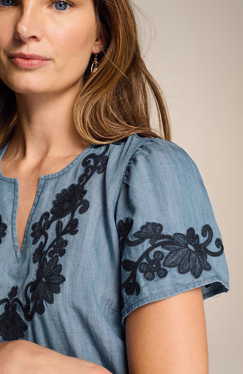 Embroidered Indigo Flutter-Sleeve Dress