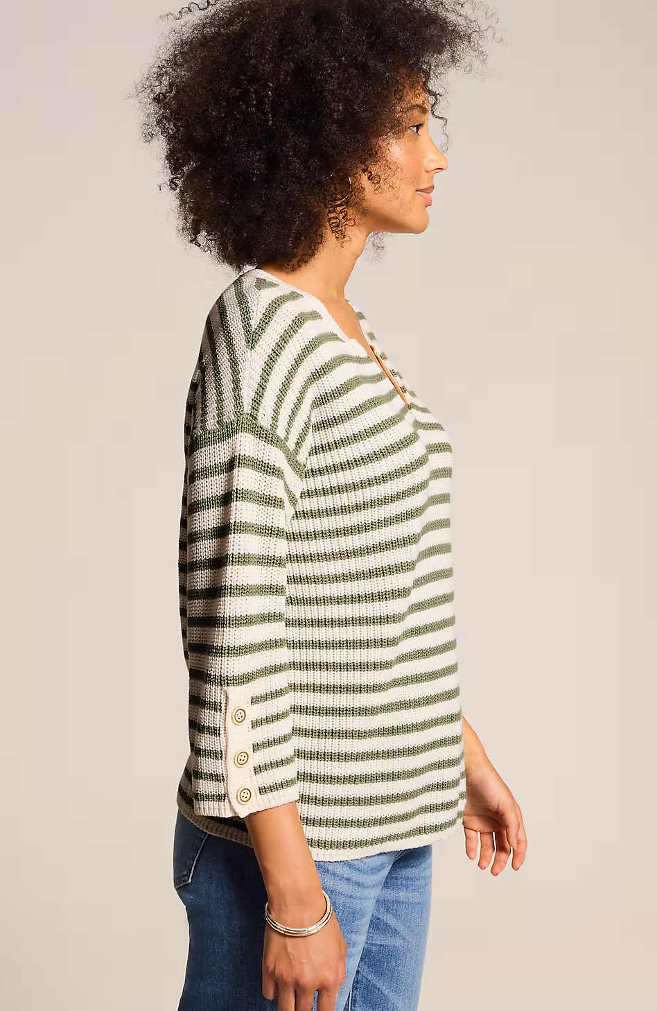 Ribbed-Stripes Button-Cuffed Sweater