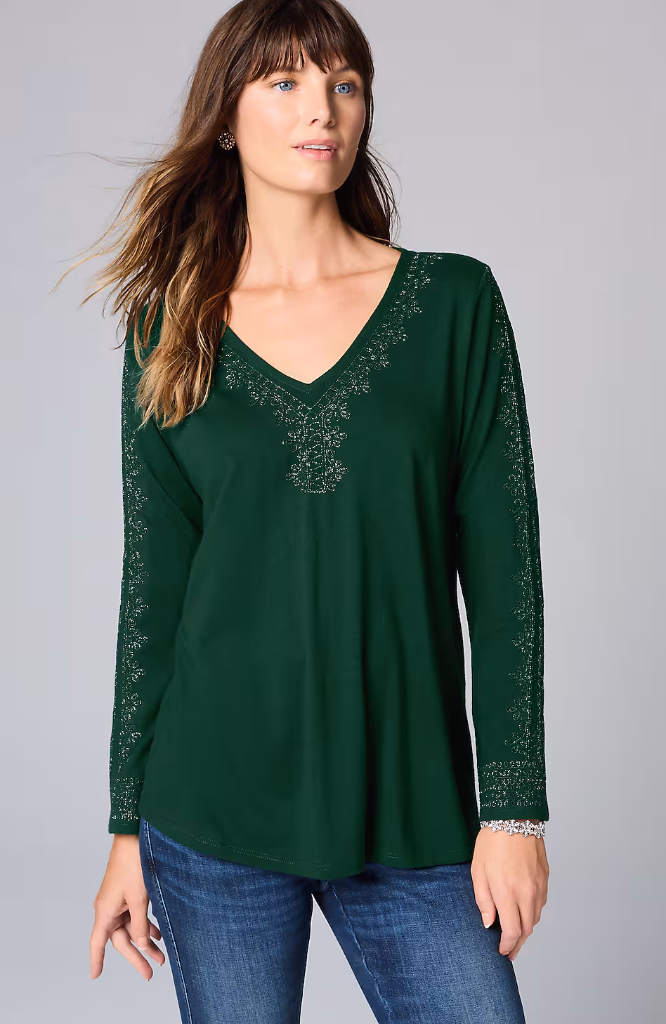 Metallic-Embroidered V-Neck Top