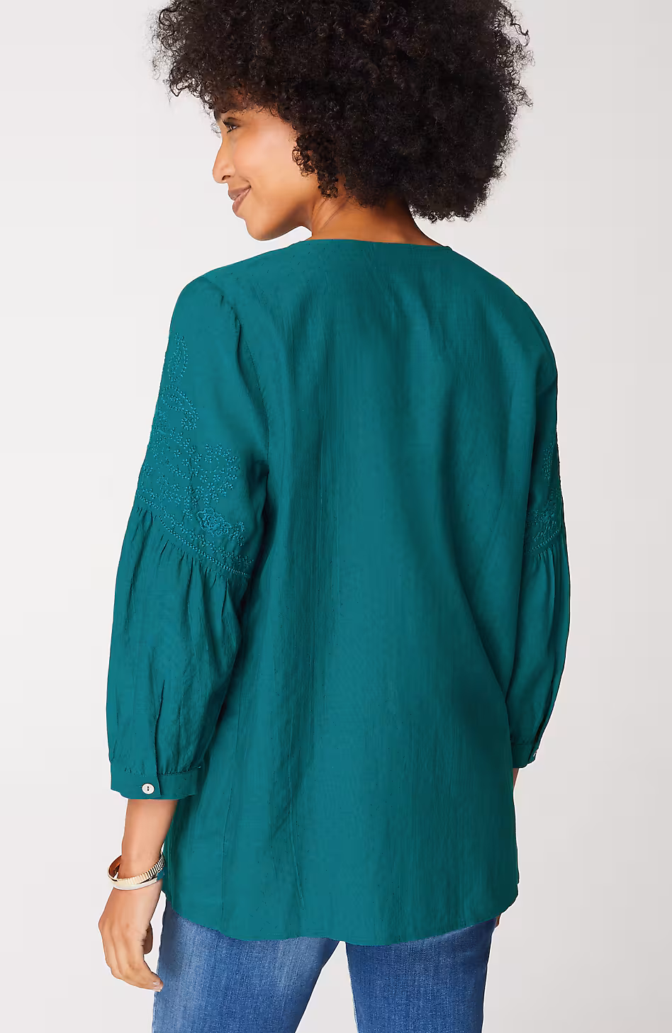Paisley-Embroidered Split-Neck Top