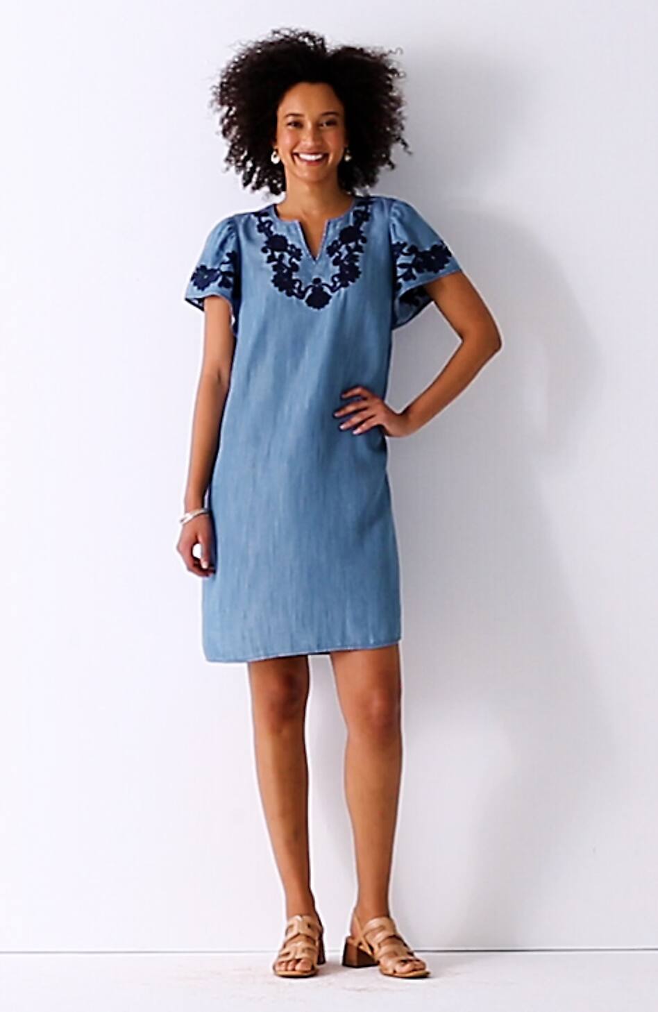 Embroidered Indigo Flutter-Sleeve Dress