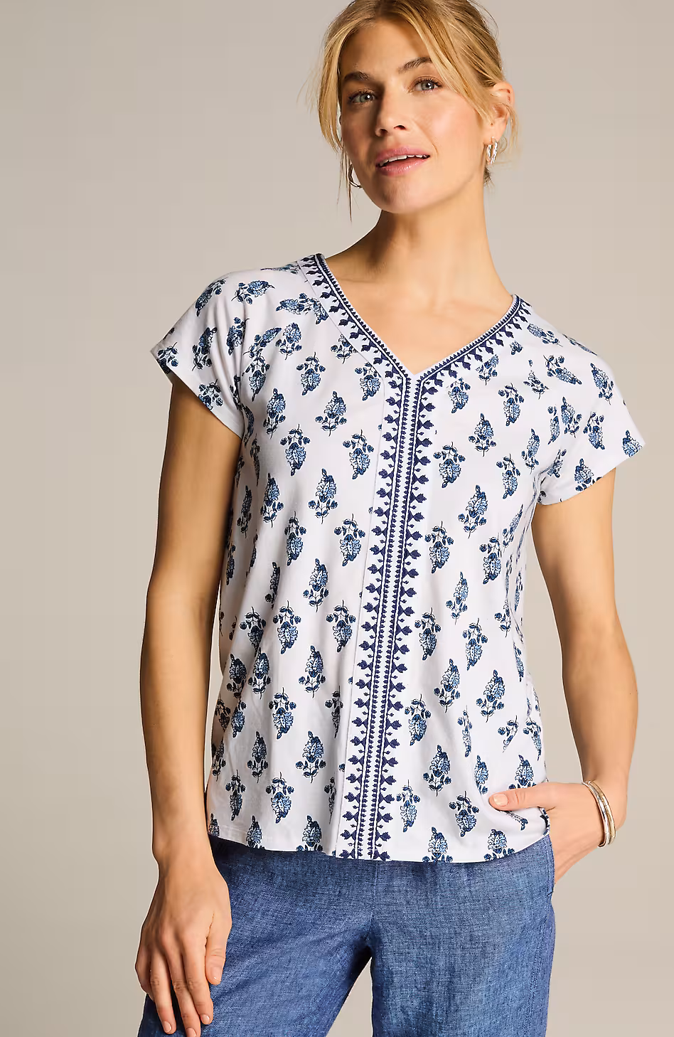 Pure Jill Embroidered Cap-Sleeve Tee