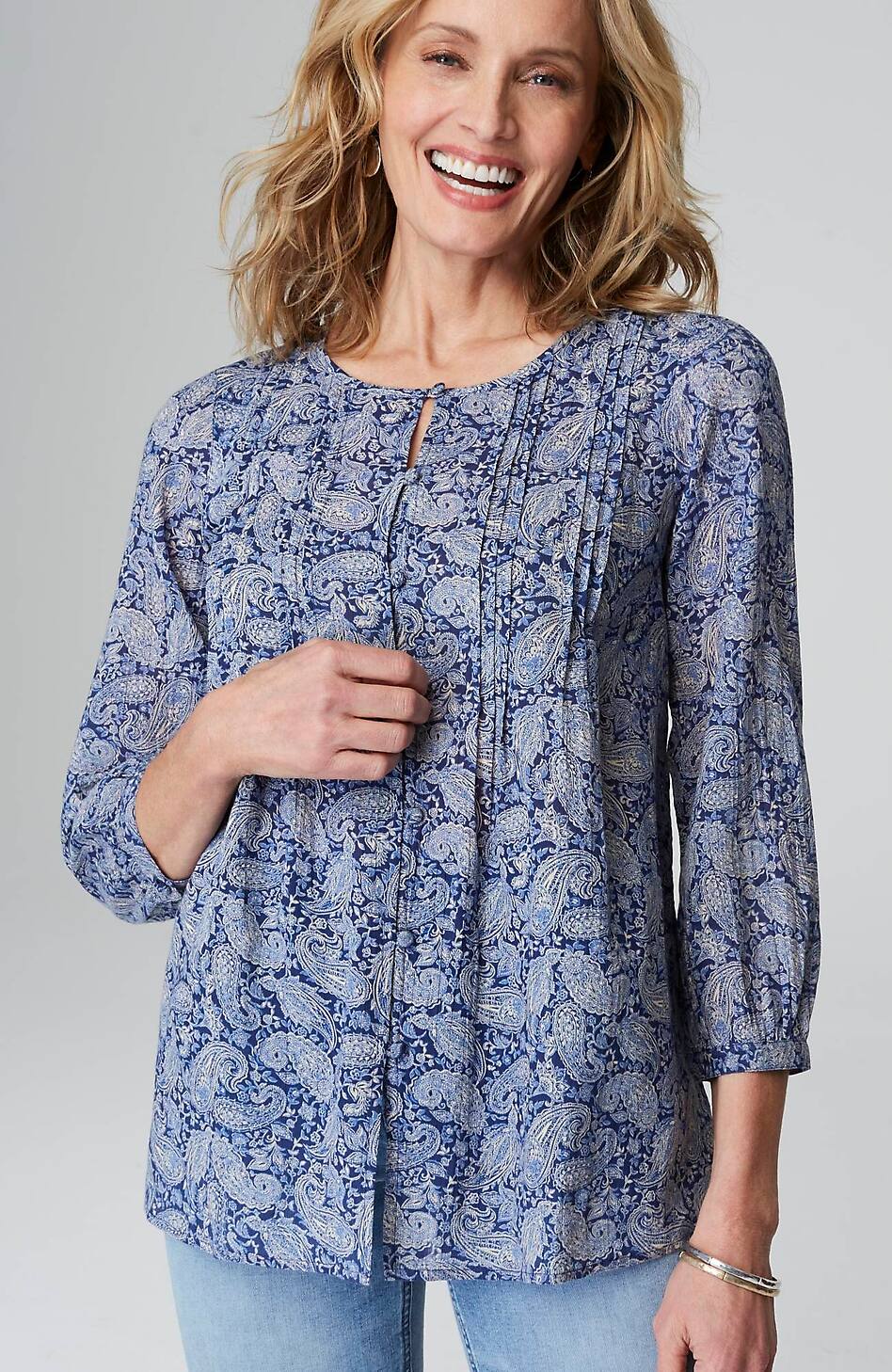 Printed A-Line Pintucked Top