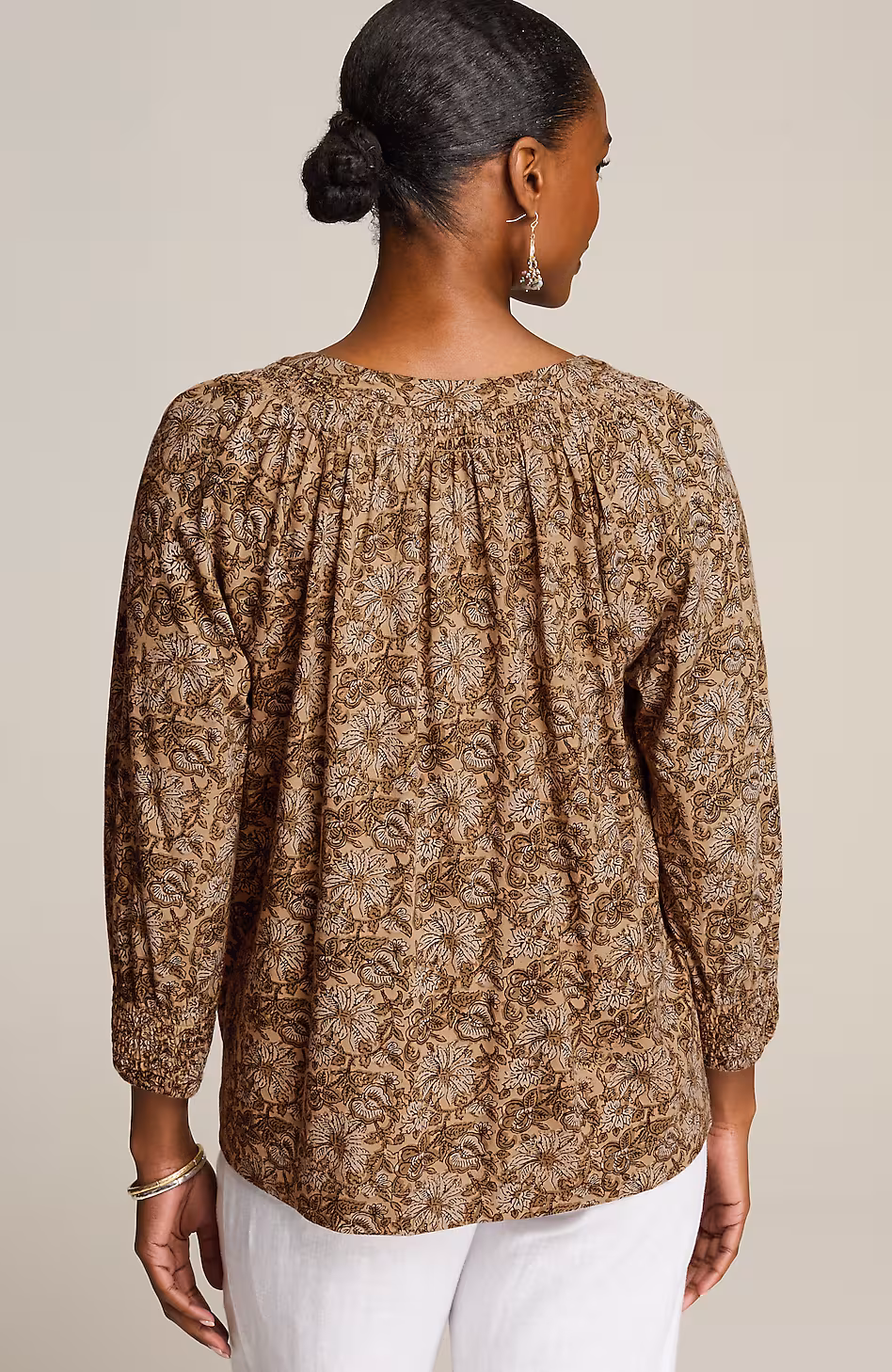 Pure Jill Smocked Block-Printed Top