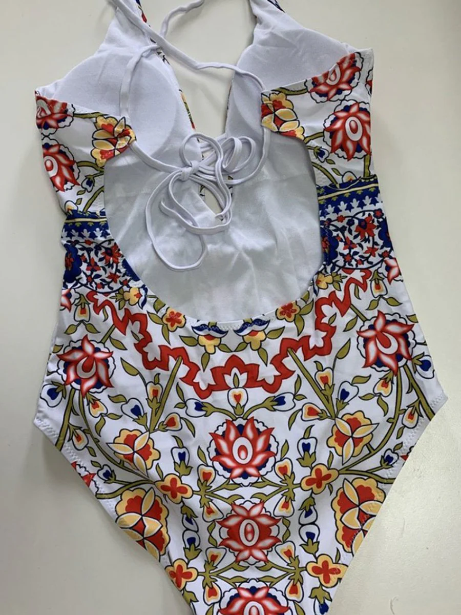 Ethnic Crisscross Strappy Low Back High Leg Deep V One-piece Swimsuit