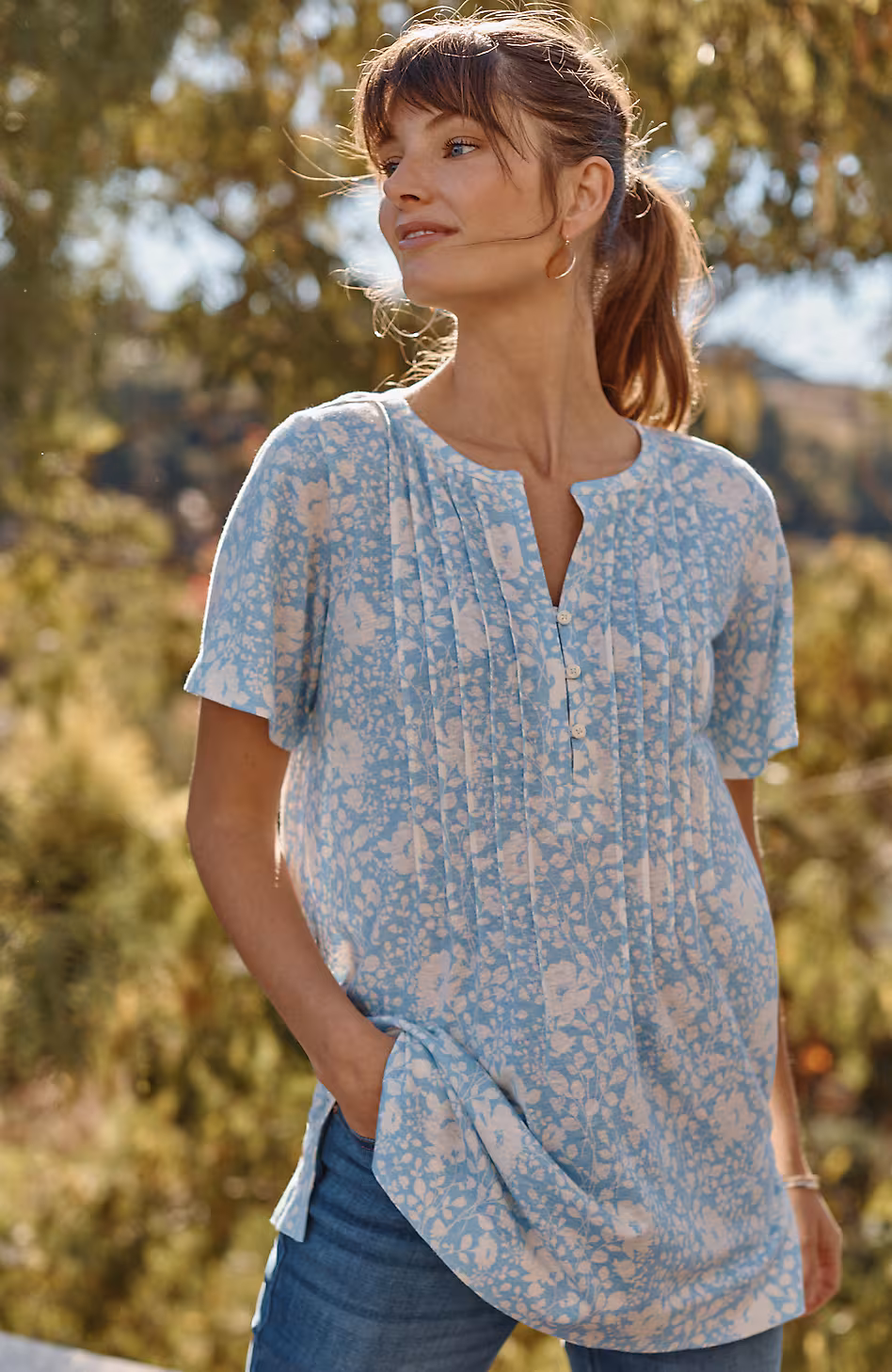 Linen-Blend Flutter-Sleeve Tunic