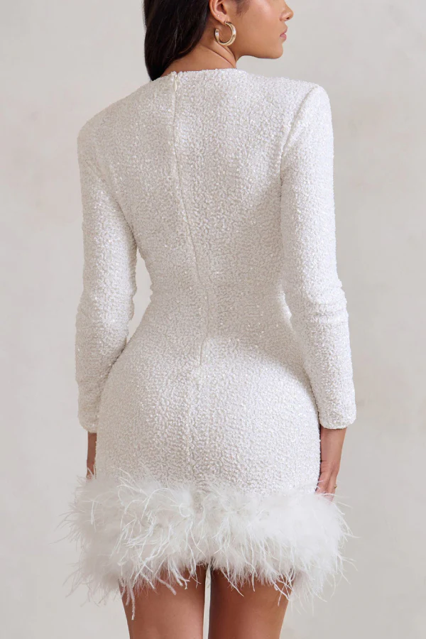 Party Must-have Sequin Long Sleeve Feather Trim Stretch Mini Dress
