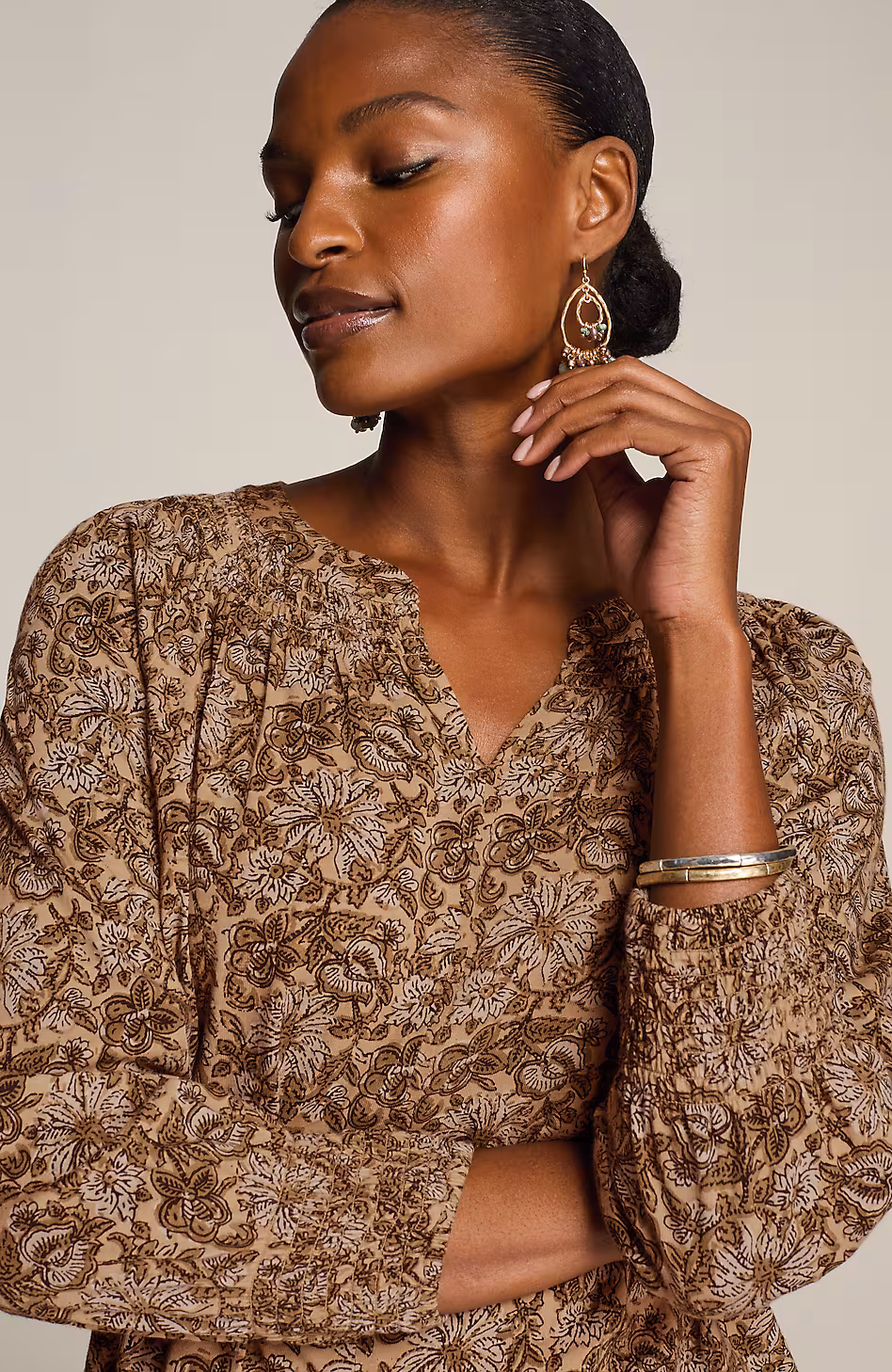 Pure Jill Smocked Block-Printed Top