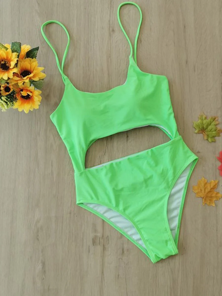 Spaghetti Strap Cutout Green One-piece Swimsuit