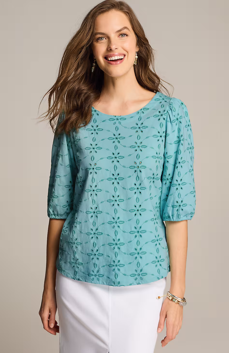 Contrasting-Eyelet Knit Top