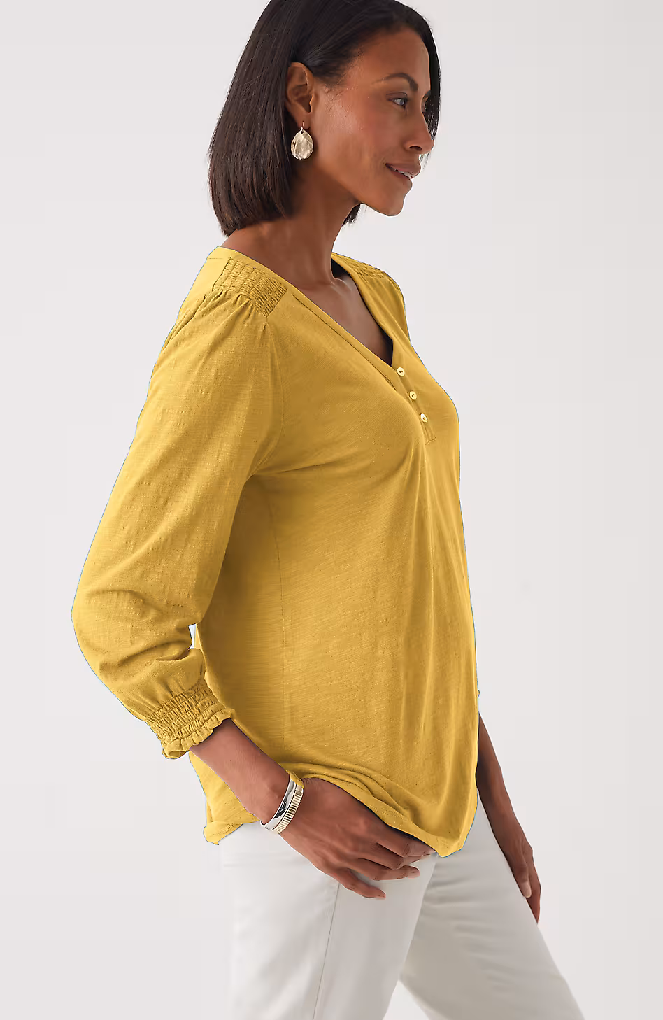 Smocked-Sleeve Henley Top