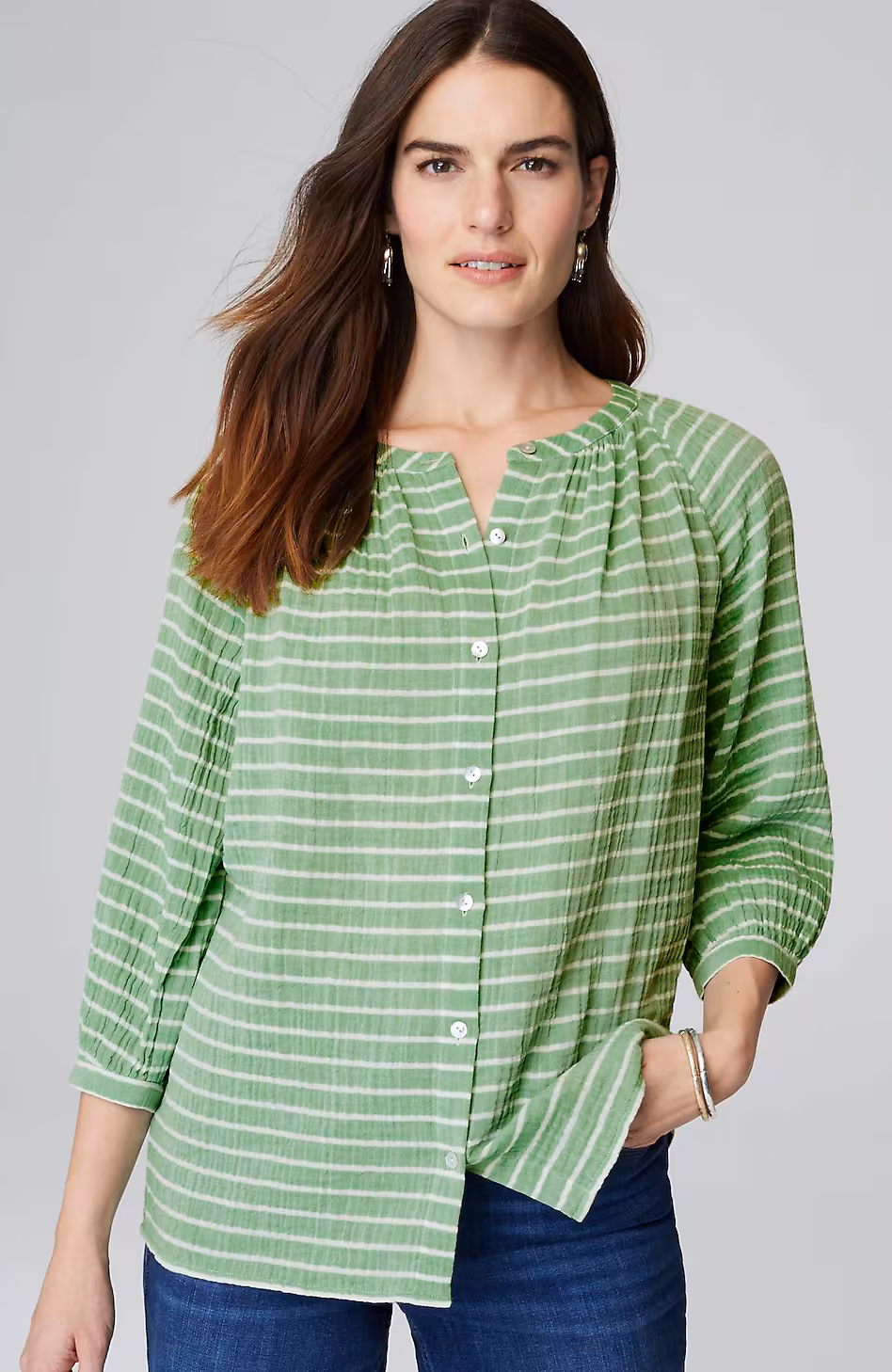 Cotton-Gauze Striped Button-Front Top