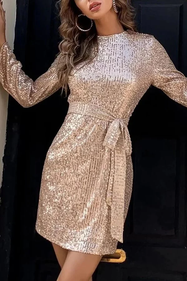 Fashion Sequined Tie Waist Slim Backless Mini Dress