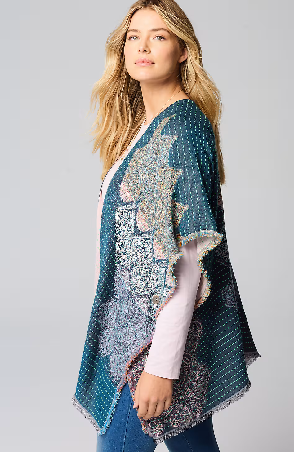 Kantha-Stitched Reversible Jacquard Ruana