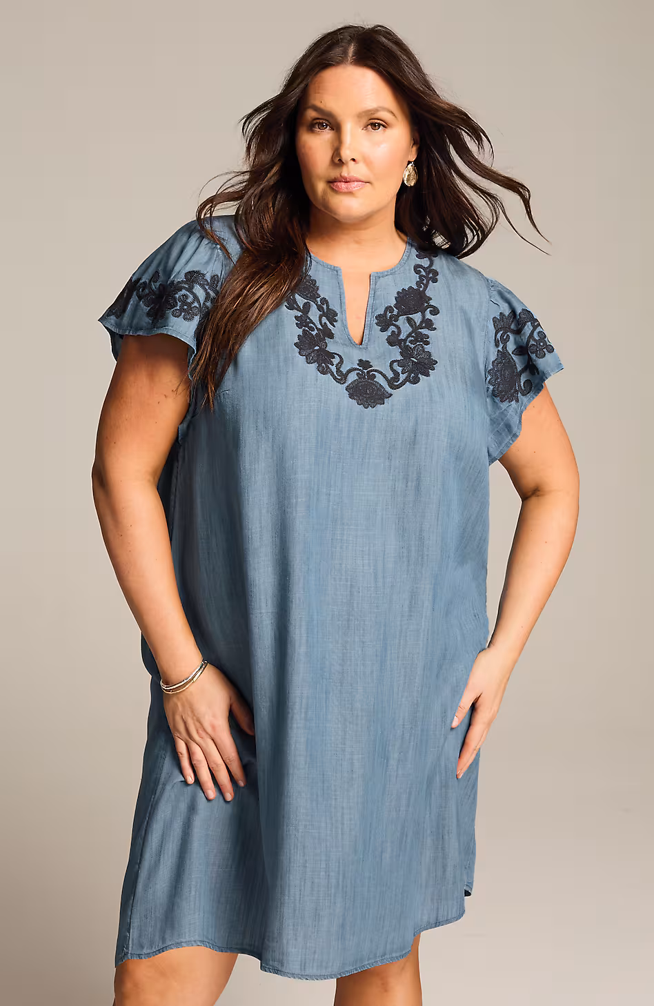 Embroidered Indigo Flutter-Sleeve Dress