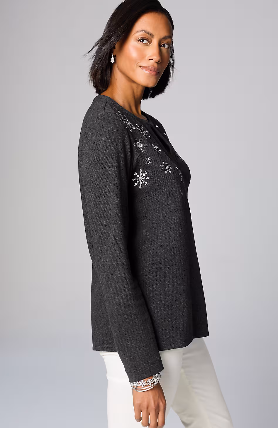 Snowflake-Embroidered Waffle-Textured Top