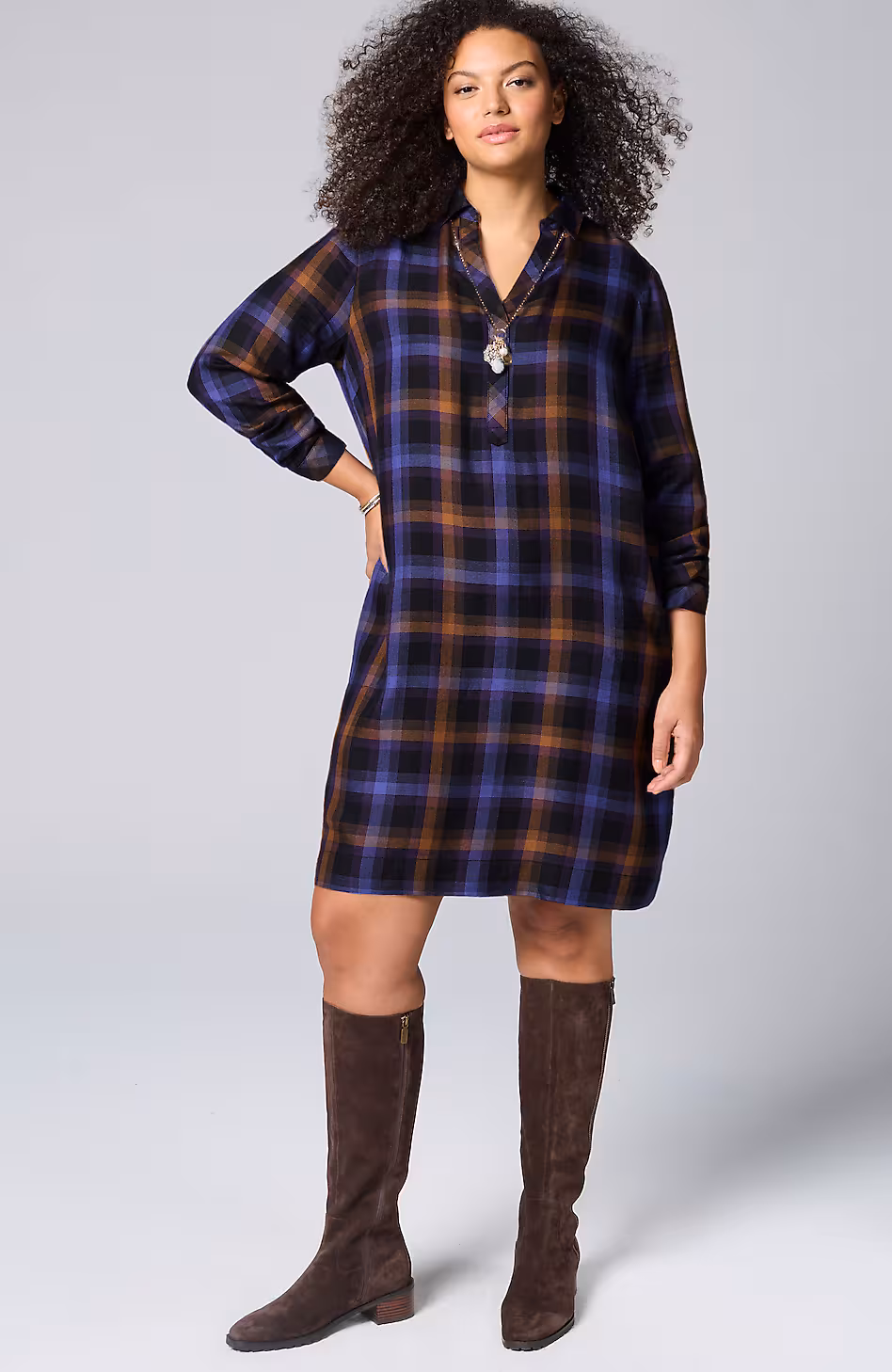 Plaid Split-Neck Dress