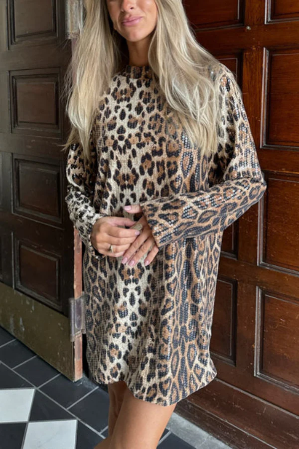 Charming Lady Sequin Leopard Print Long Sleeve H-line Loose Mini Dress
