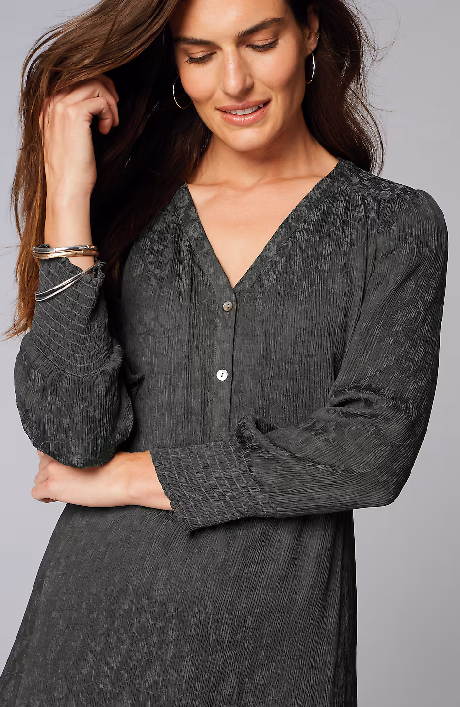 Crinkle-Textured Smocked-Sleeve Dress