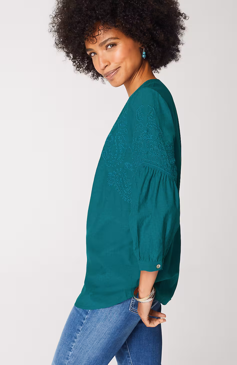 Paisley-Embroidered Split-Neck Top