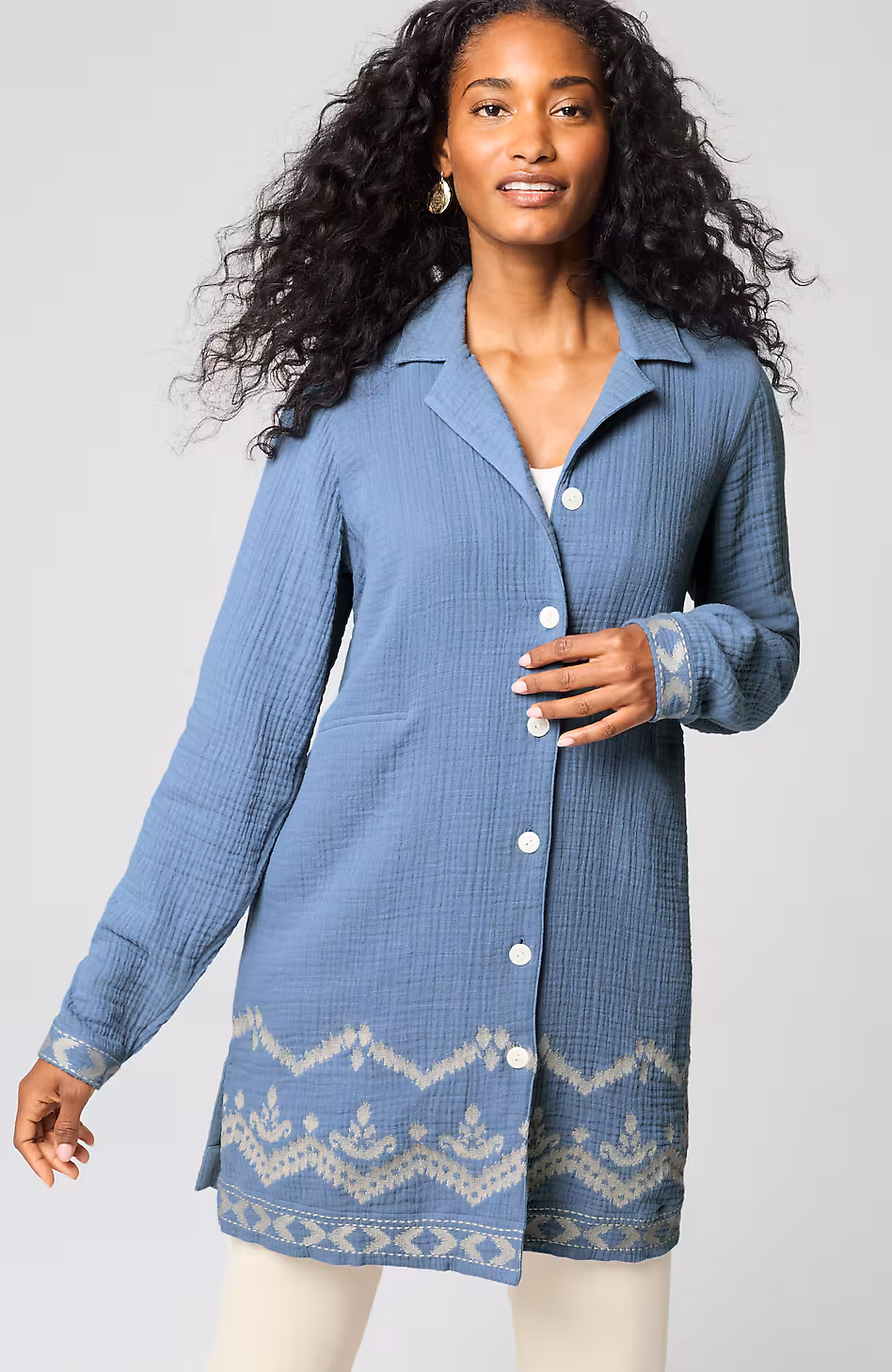 Pure Jill Cotton-Gauze Embroidered Duster Jacket