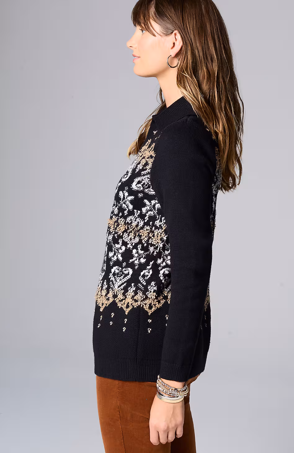 Jacquard-Patterned Collared Sweater