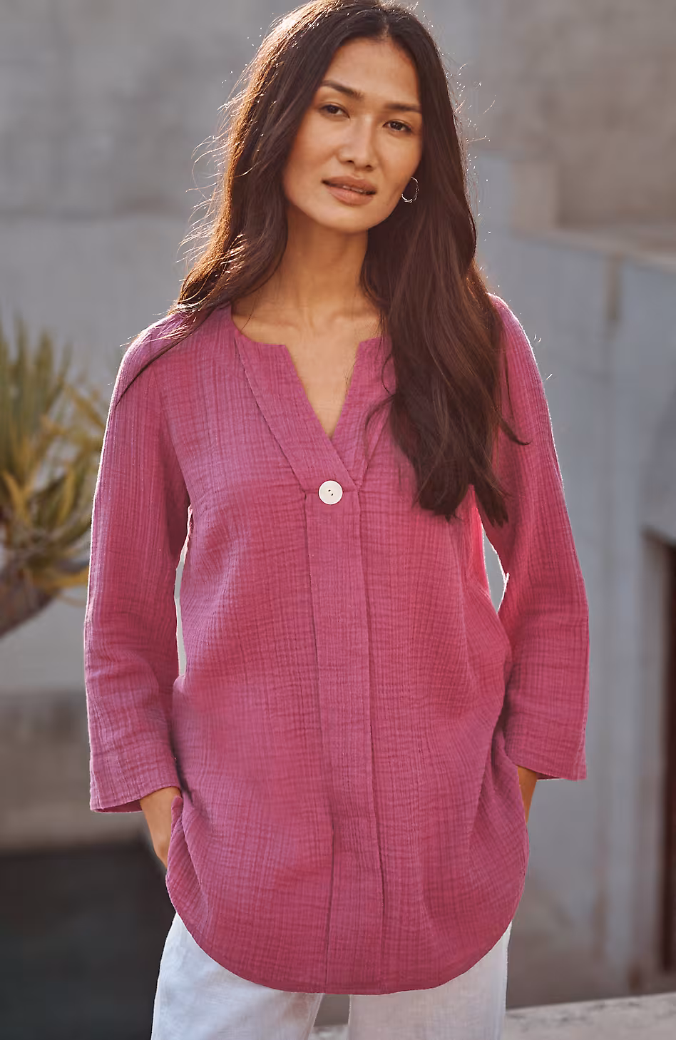 Pure Jill Cotton-Gauze One-Button Tunic