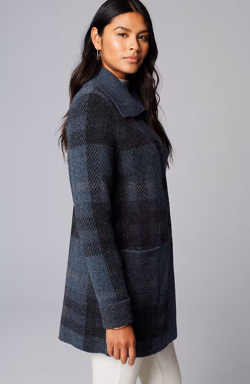 Ribbed-Collar Plaid Sweater-Jacket