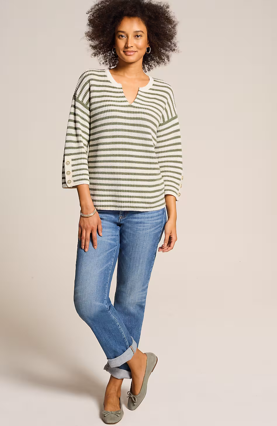 Ribbed-Stripes Button-Cuffed Sweater