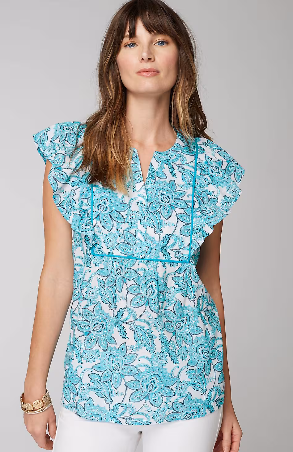 Piping-Trim Ruffle-Sleeve Top