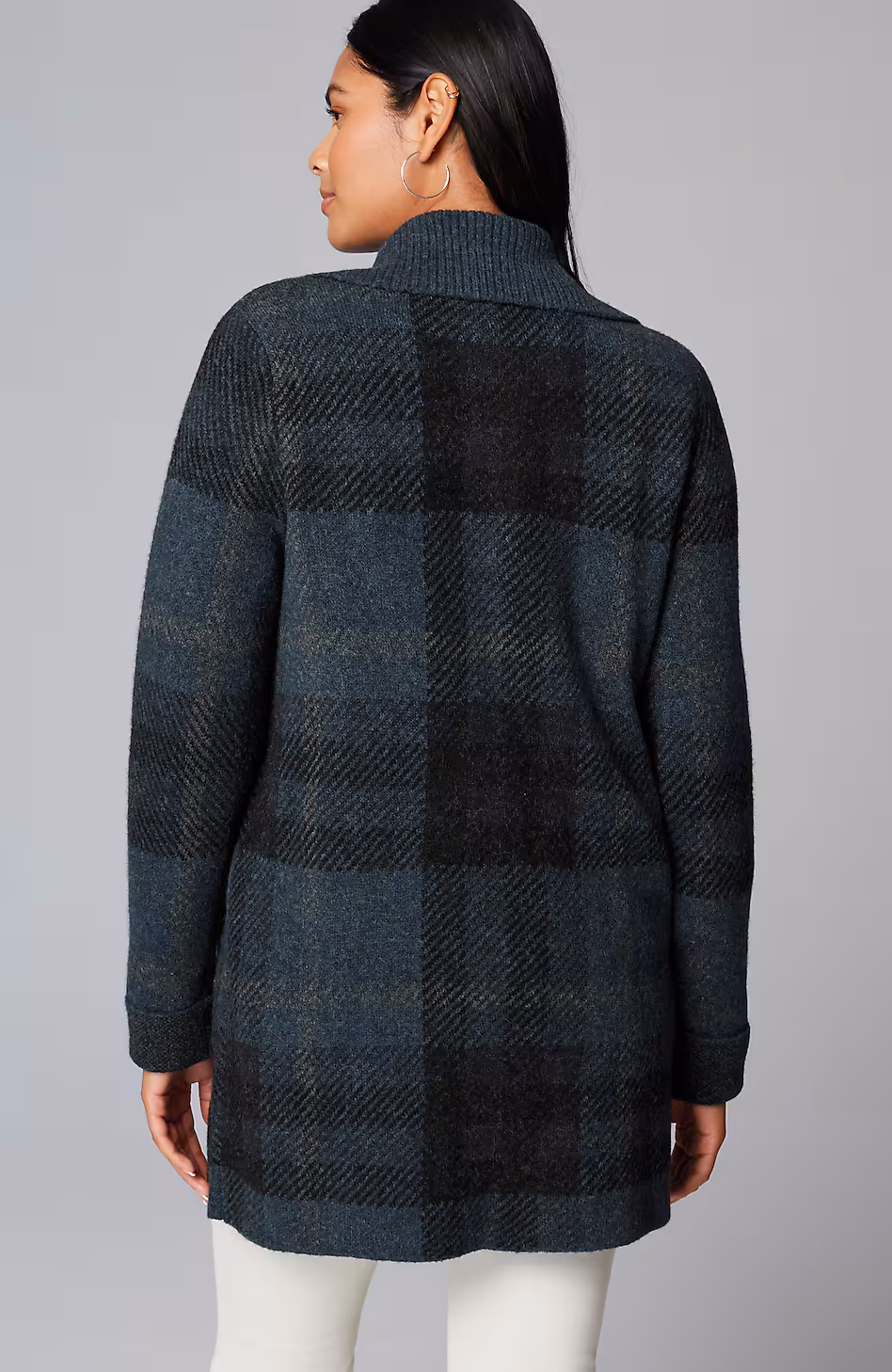 Ribbed-Collar Plaid Sweater-Jacket