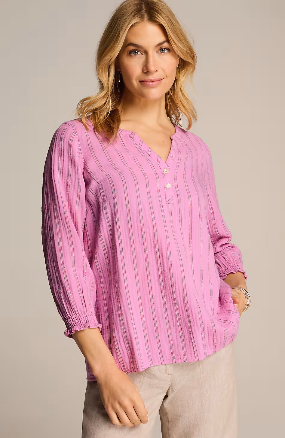 Cotton-Gauze Smocked-Sleeve Top