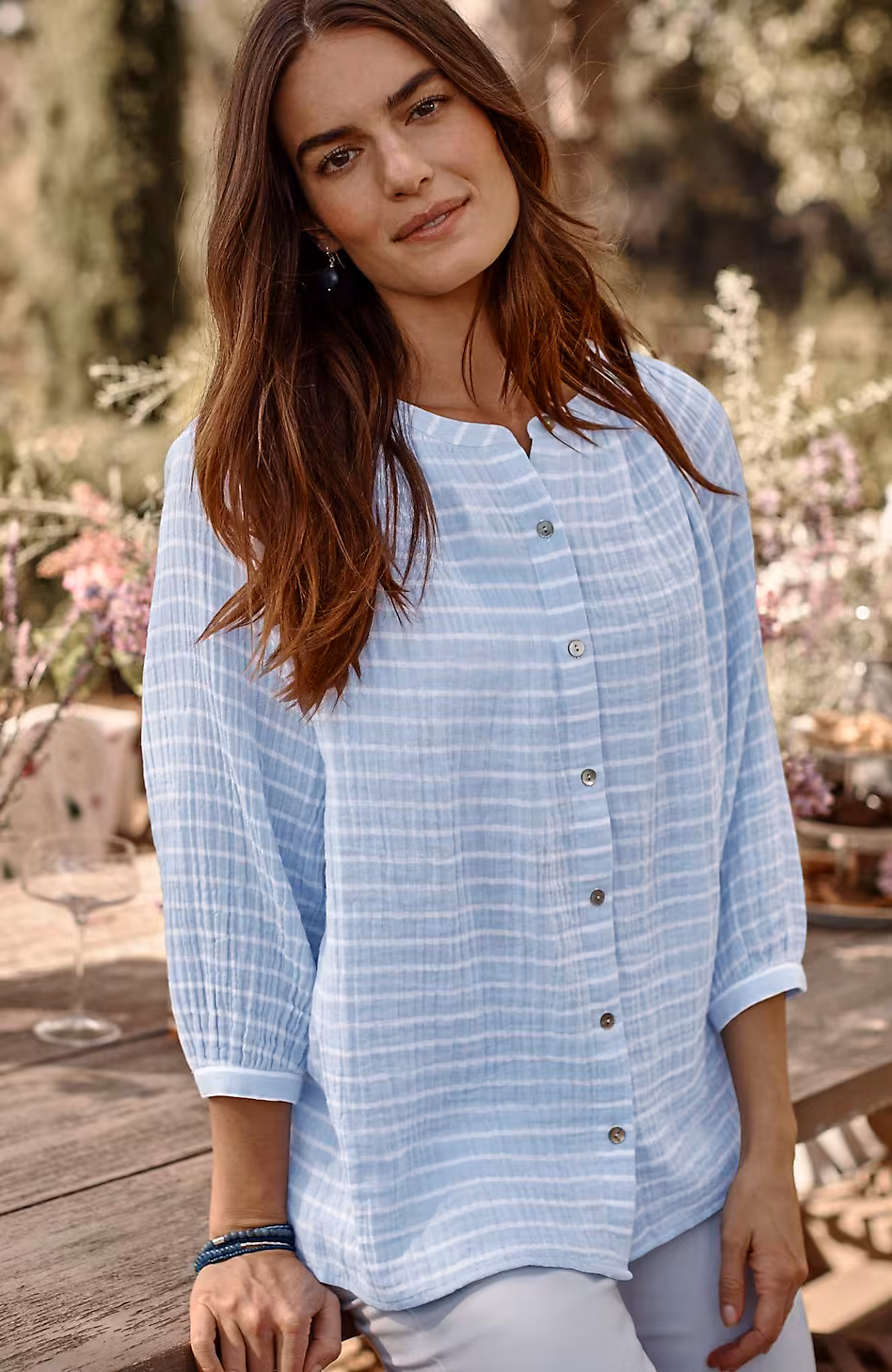 Cotton-Gauze Striped Button-Front Top