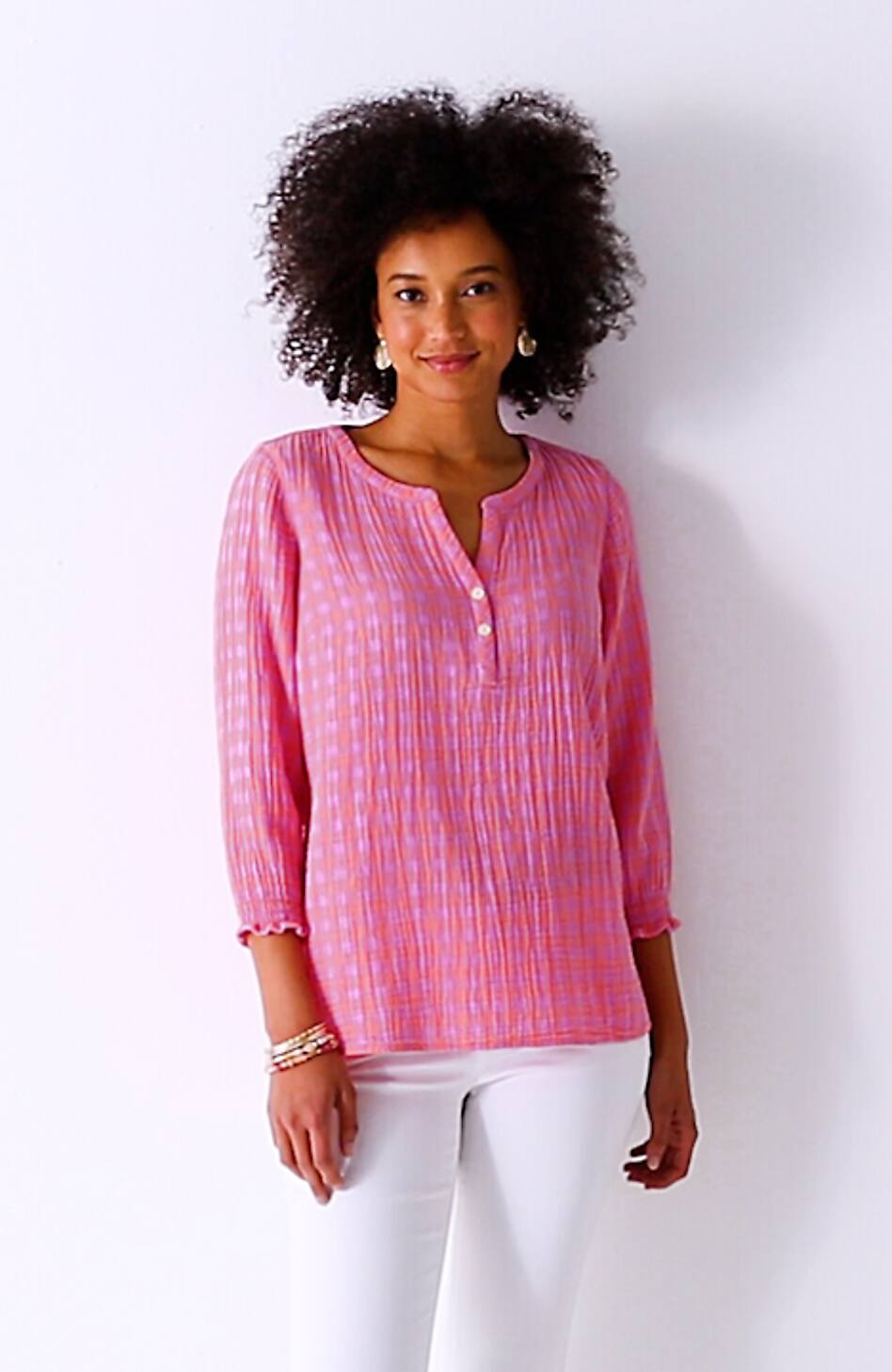 Cotton-Gauze Smocked-Sleeve Top