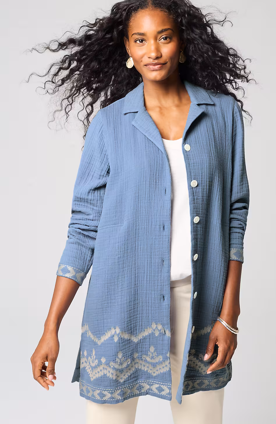Pure Jill Cotton-Gauze Embroidered Duster Jacket
