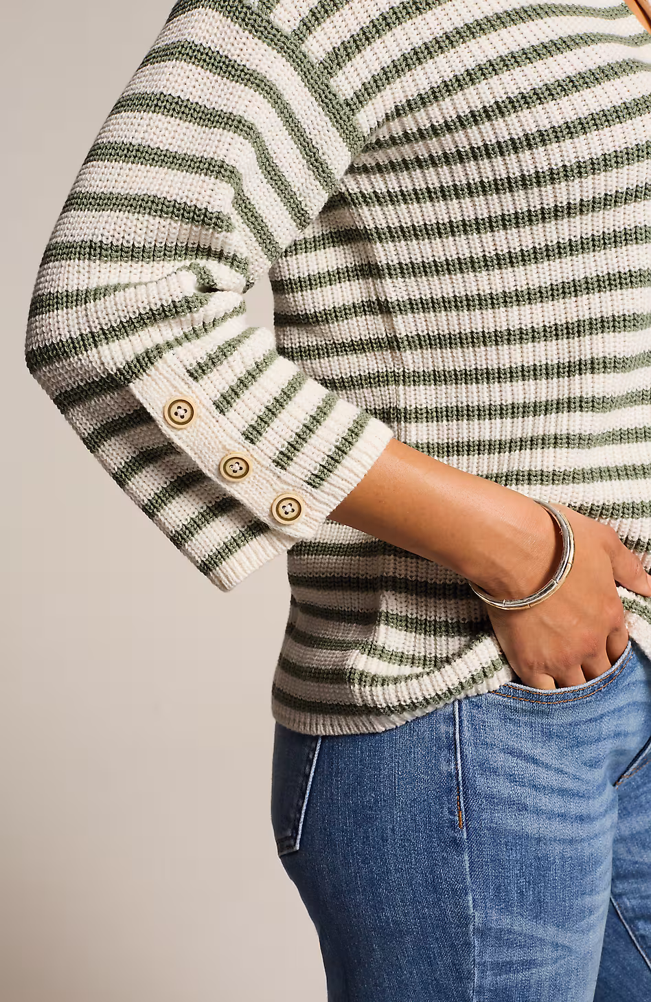 Ribbed-Stripes Button-Cuffed Sweater